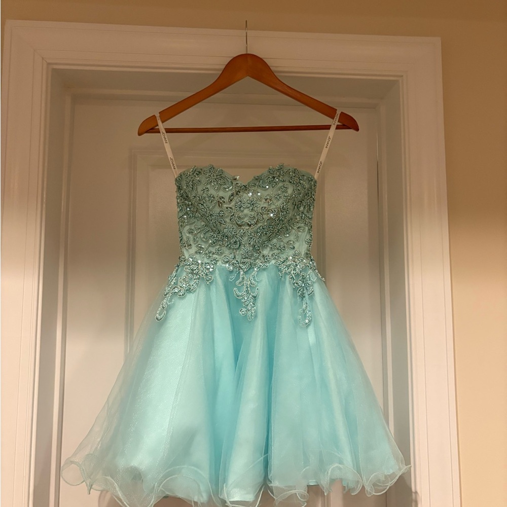 Jovani Mint Lace Applique Tulle Party Dress